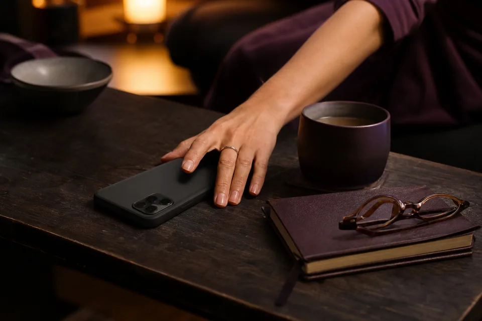 Telefon odłożony ekranem w dół na stoliku obok herbaty i notesu