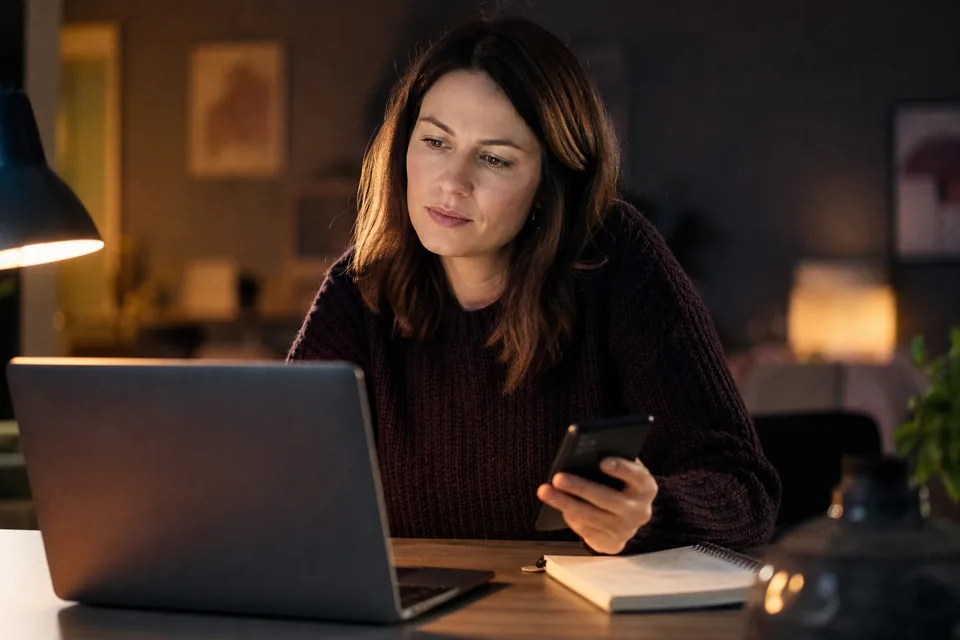 Kobieta przy biurku porównuje portale na laptopie i telefonie